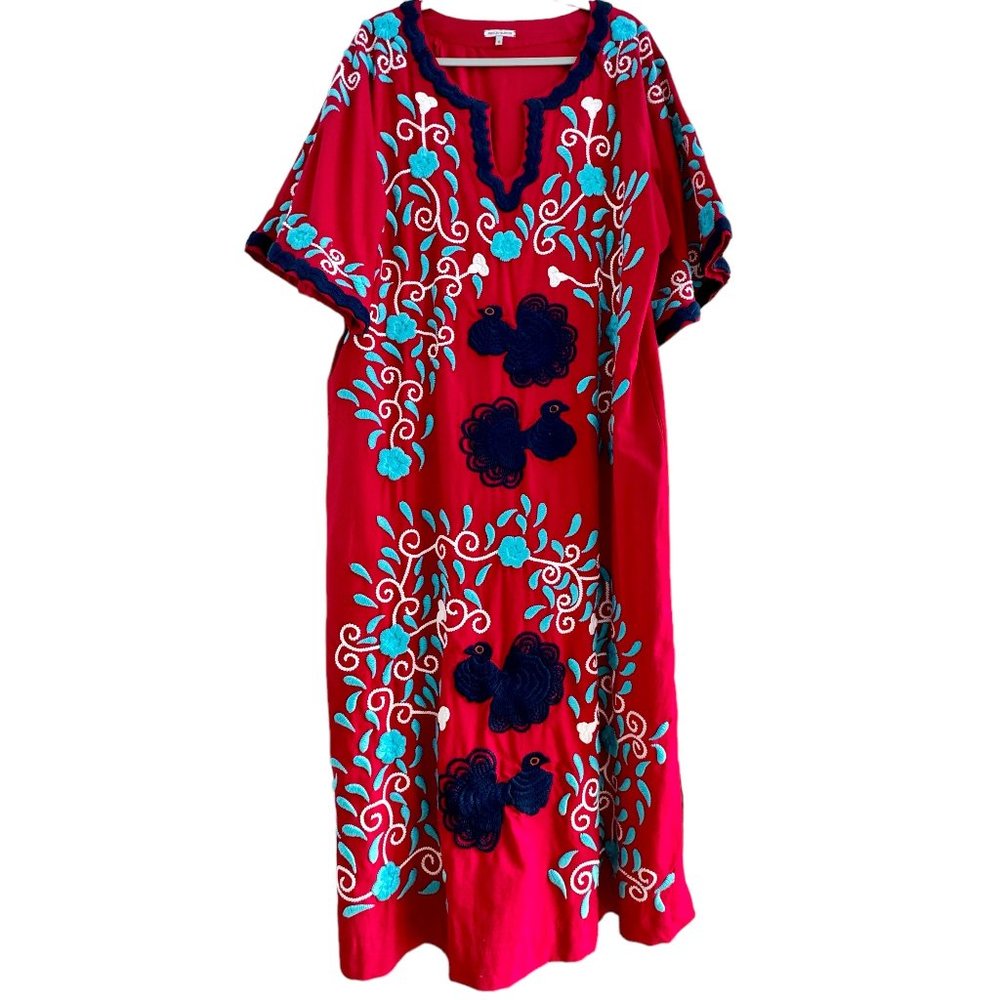 Frances Valentine Peacock Caftan Maxi Dress Red Navy Light Blue Like New
